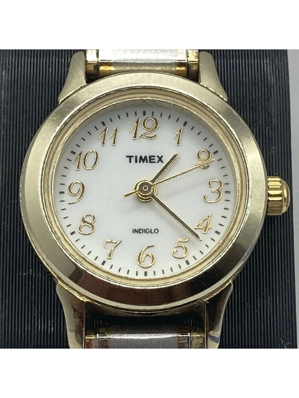 Timex Indiglo Women's Watch Two Tone Expansion Band Gold Silver Tone White Dial